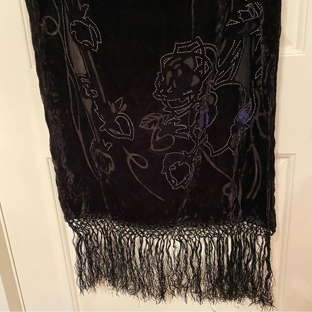 SCARF BLACK VELOUR BURN OUT FLORAL SILVER DOT ACCENT LONG FRINGE ENDS RECTANGLE